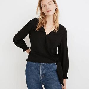 Madewell Black Checked Gingham Print Smocked Sleeve Wrap Top Small